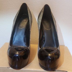 Gray Natural Canvas and Leather Cap-toe Pumps